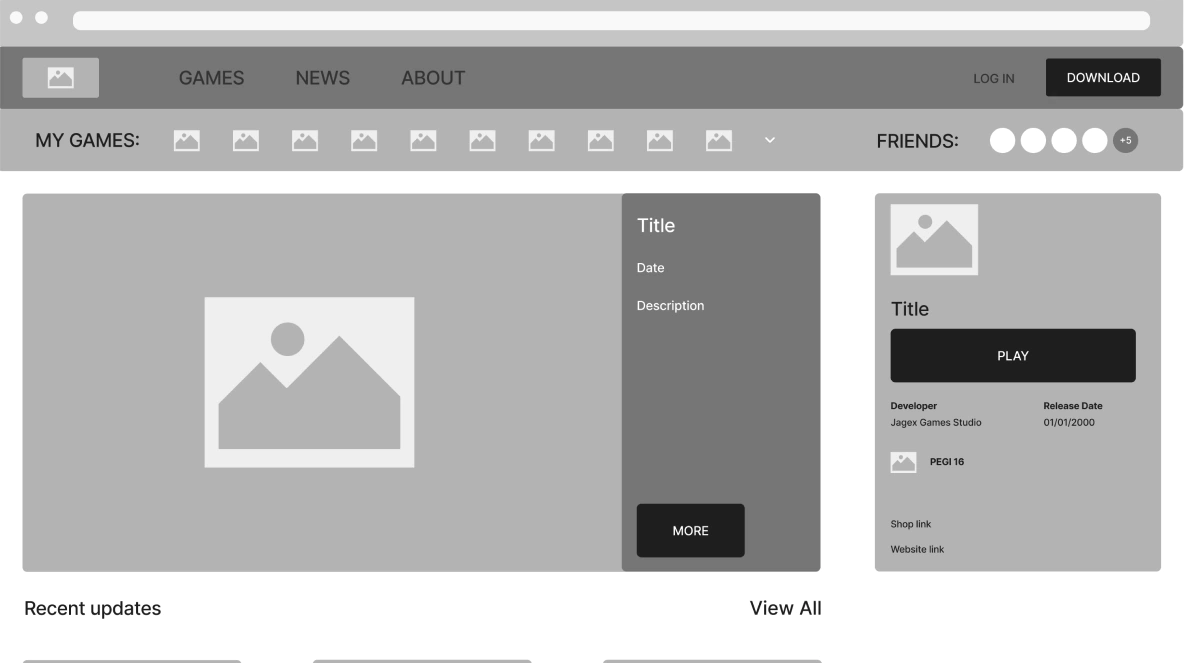 Early wireframe of the Game Library view